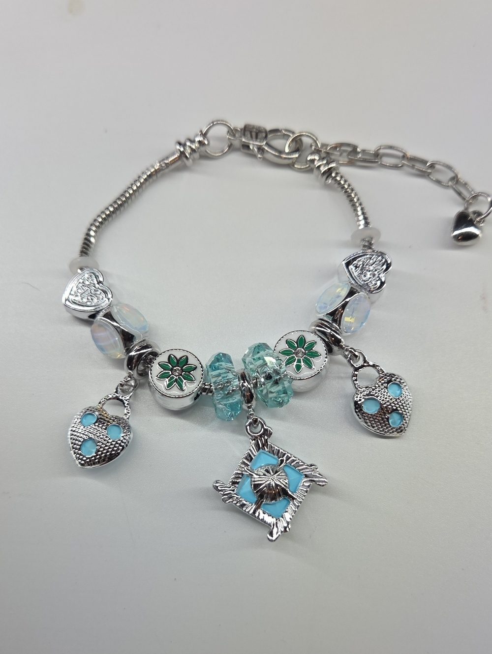 Silver-Tone Bracelet with Aqua Blue Charms. Pandora Style Chain With Ext.